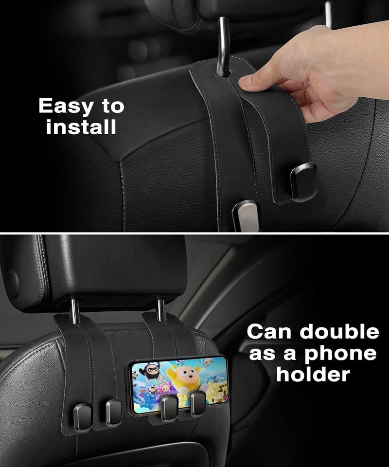 VETERBONE Car Hooks for Headrest, 4PCS Car Purse Hooks Luxurious Leather 100% Metal Car Hangers for Seat Multifunctional Car Bag Hook Car Seat Back Storage Hook Accessories (Black) - Image 5